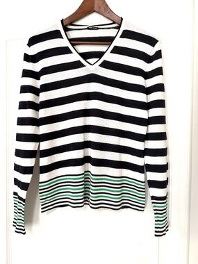 Gerry Weber Striped V-Neck Knit Sweater Black White Green Size 10 Medium